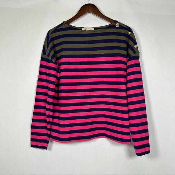 LOFT Striped Harbor Long Sleeve Tee with Gold Buttons on Shoulder - Picture 1 of 10